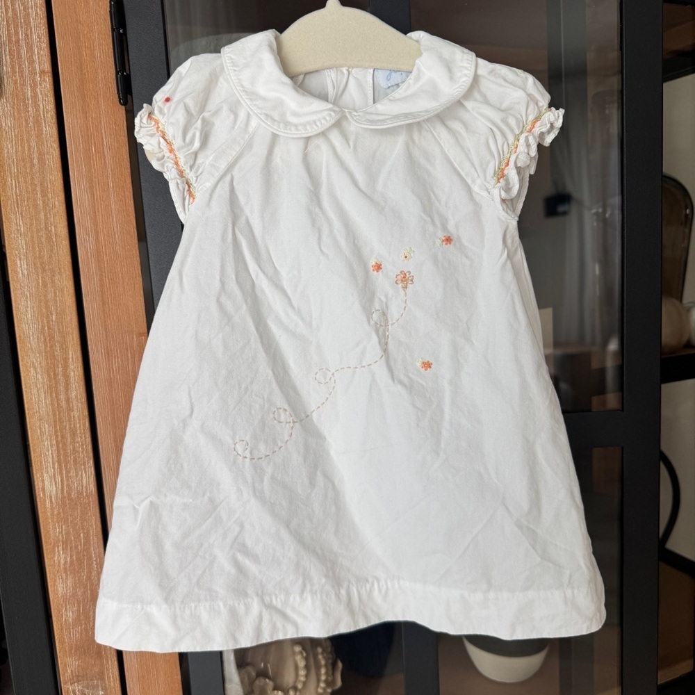 Jacadi dress embroidered baby girl short puff sleeves flowers peter pan collar